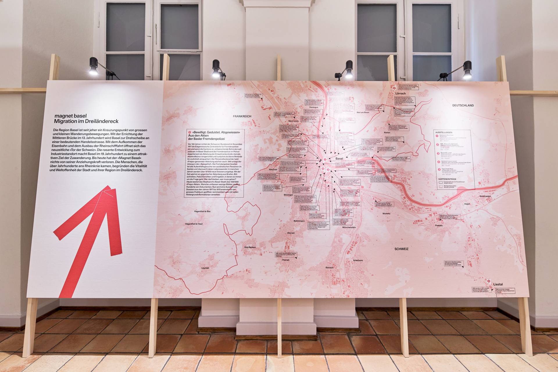 Ausstellungsgrafik »Magnet Basel – Migration im Dreiländereck« für das Team Stratenwerth, Basel