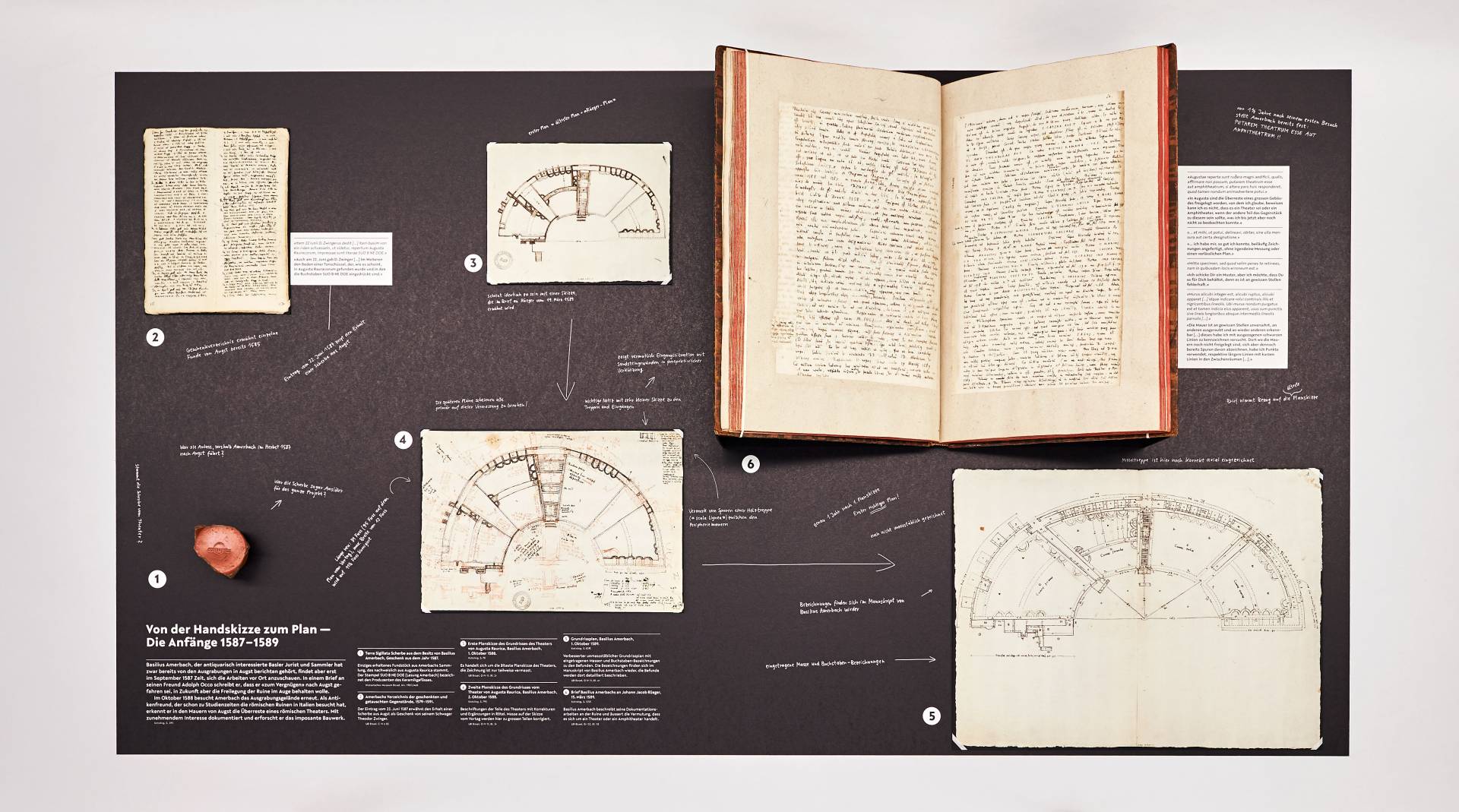 Ausstellungsgrafik »Wiederentdeckt – Basilius Amerbach erforscht das Theater von Augusta Raurica« für die Universität Basel